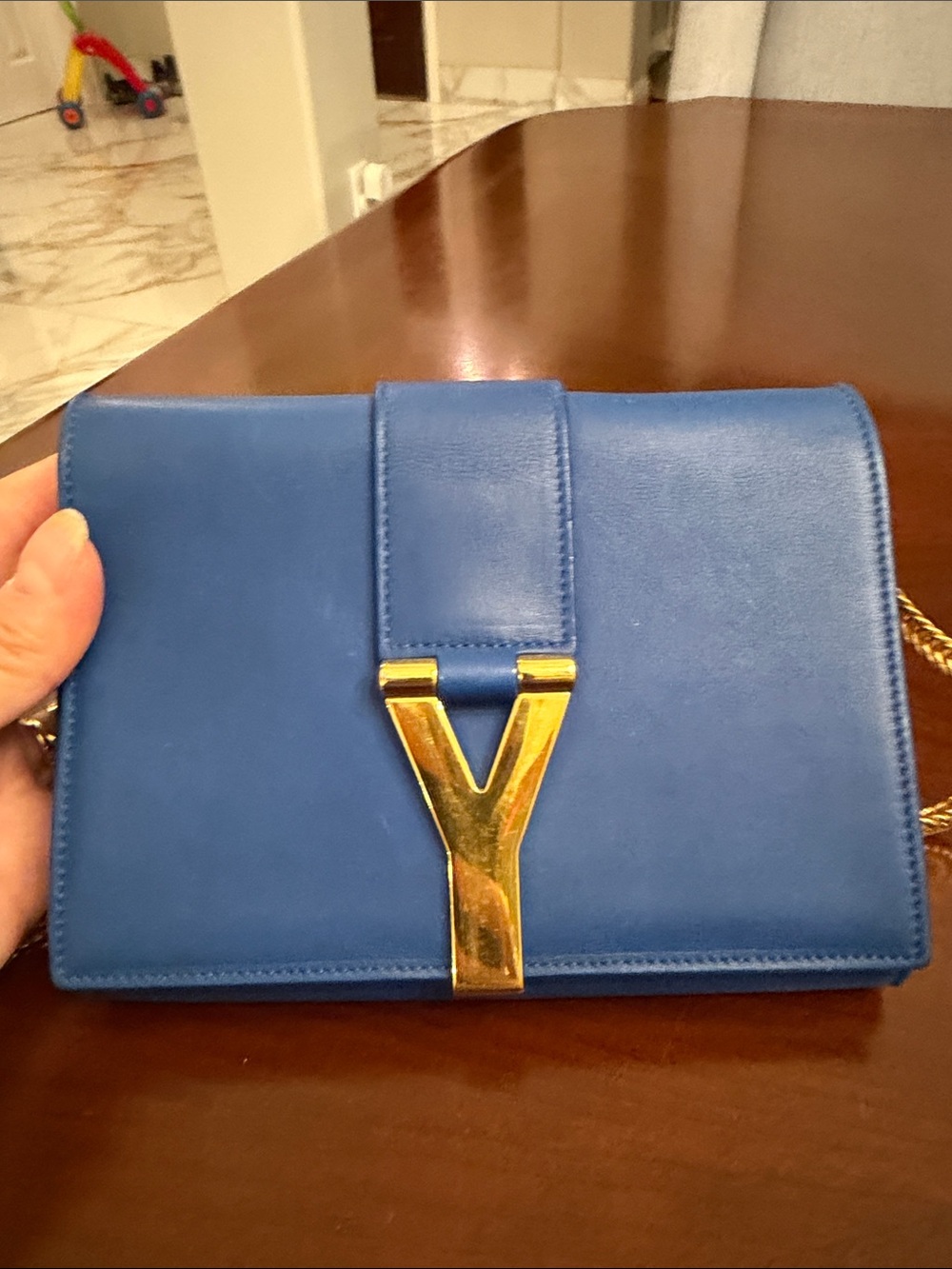 Saint Laurent Blue Women's Chain Shoulder Bag with Gold Y Accent